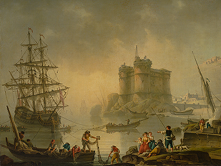 Charles François Grenier de Lacroix - Porto con fortezza, XVIII sec. olio su tela